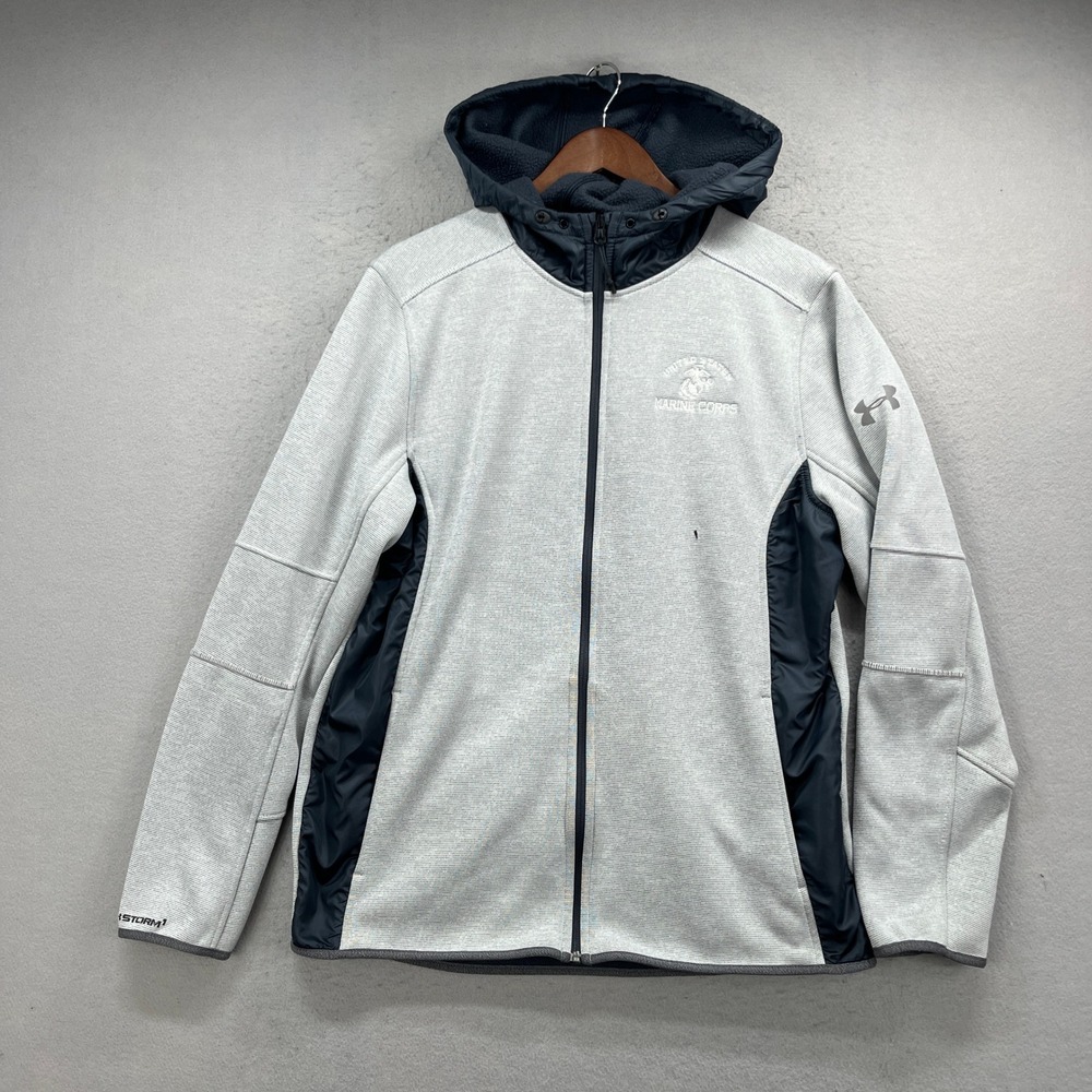 USMC Marines Under Armour Jacket Mens Large Gray Storm ColdGear Full Zip Hooded